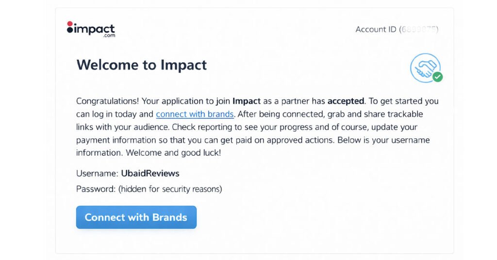 Impact affiliate account approved proof screenshot showing successful account approval