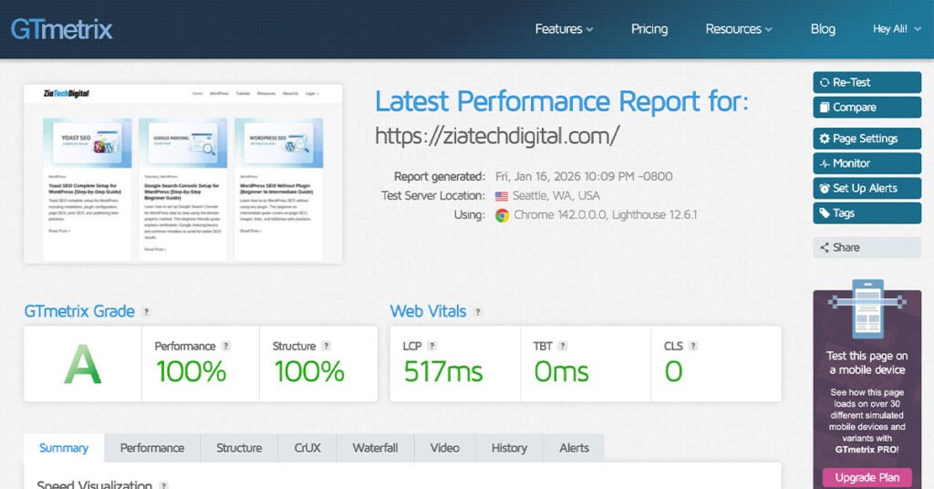 GTmetrix performance result after LiteSpeed Cache advanced setup for WordPress