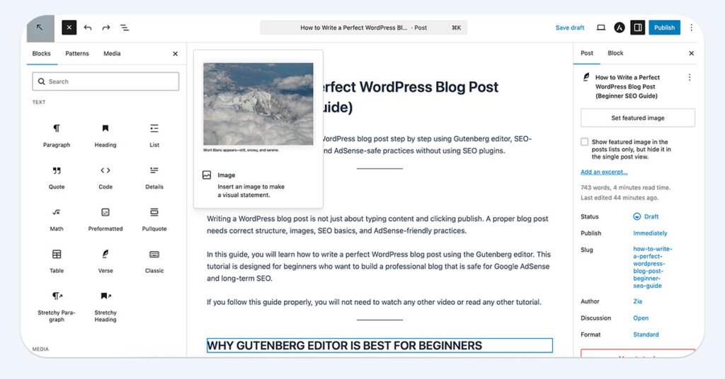 WordPress Gutenberg editor blog post layout