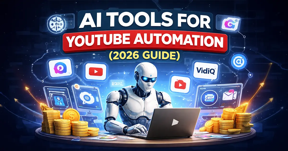 AI tools for YouTube automation showing robot creating faceless YouTube videos and earning online income