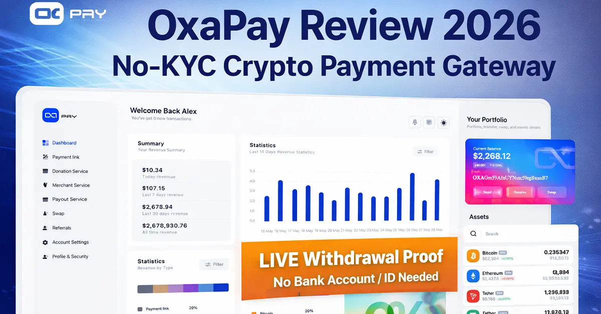OxaPay payment gateway dashboard showing no KYC crypto payments and withdrawal system